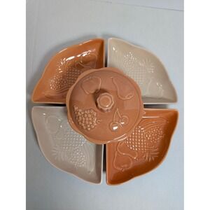 Vintage USA Pottery L49 6-Piece Lazy Susan Chip Dip Set Peach Tan Fruit Relief
